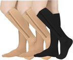 Athbavib 3 Pairs Zipper Compression Socks, 15-20 mmHg Closed Toe Compression Stocking with Zipper for Women and Men