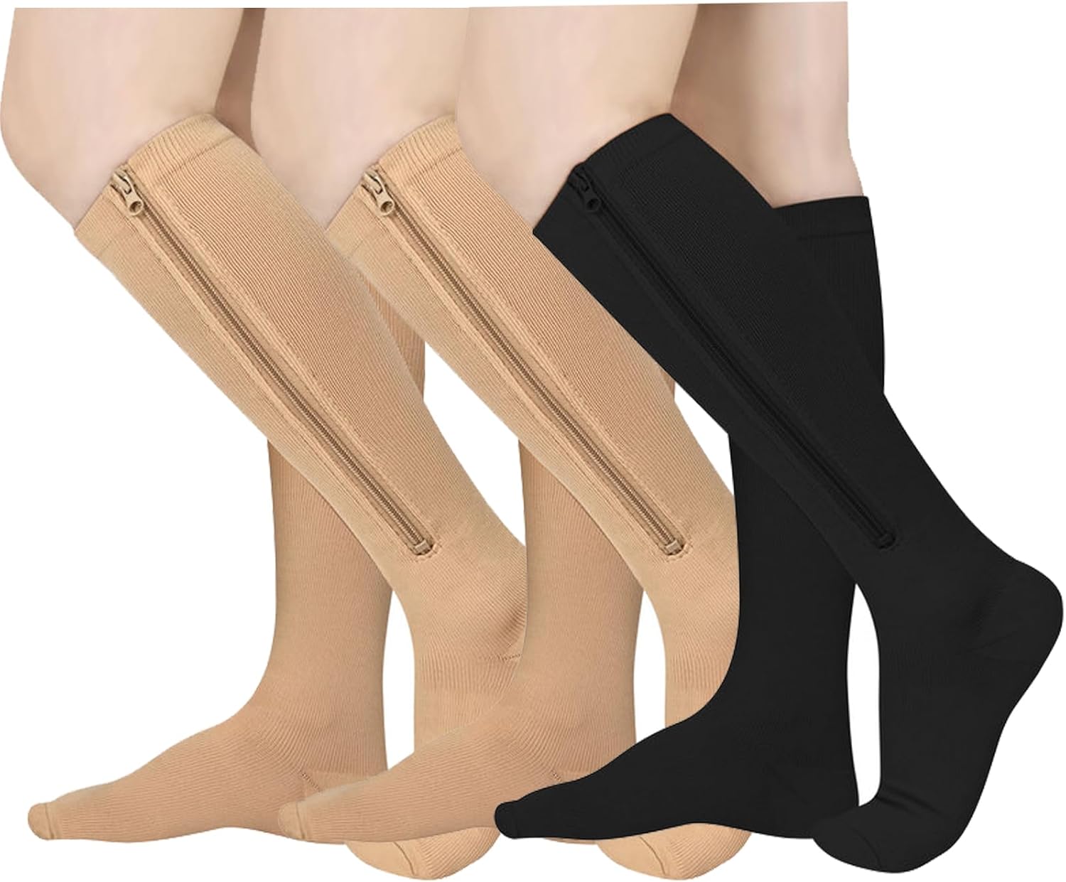 Athbavib 3 Pairs Zipper Compression Socks, 15-20 mmHg Closed Toe Compression Stocking with Zipper for Women and Men