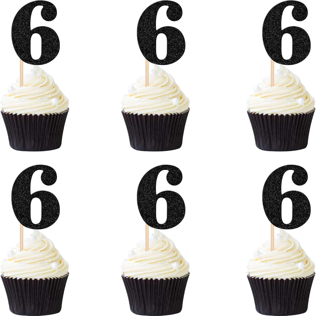 30 PCS 6th Birthday Cupcake Toppers Glitter Number 6 Cupcake Picks Age Six Cheers to 6 Years Old Cake Decorations for Baby Shower Kids Happy 6th Birthday Anniversary Party Supplies Black