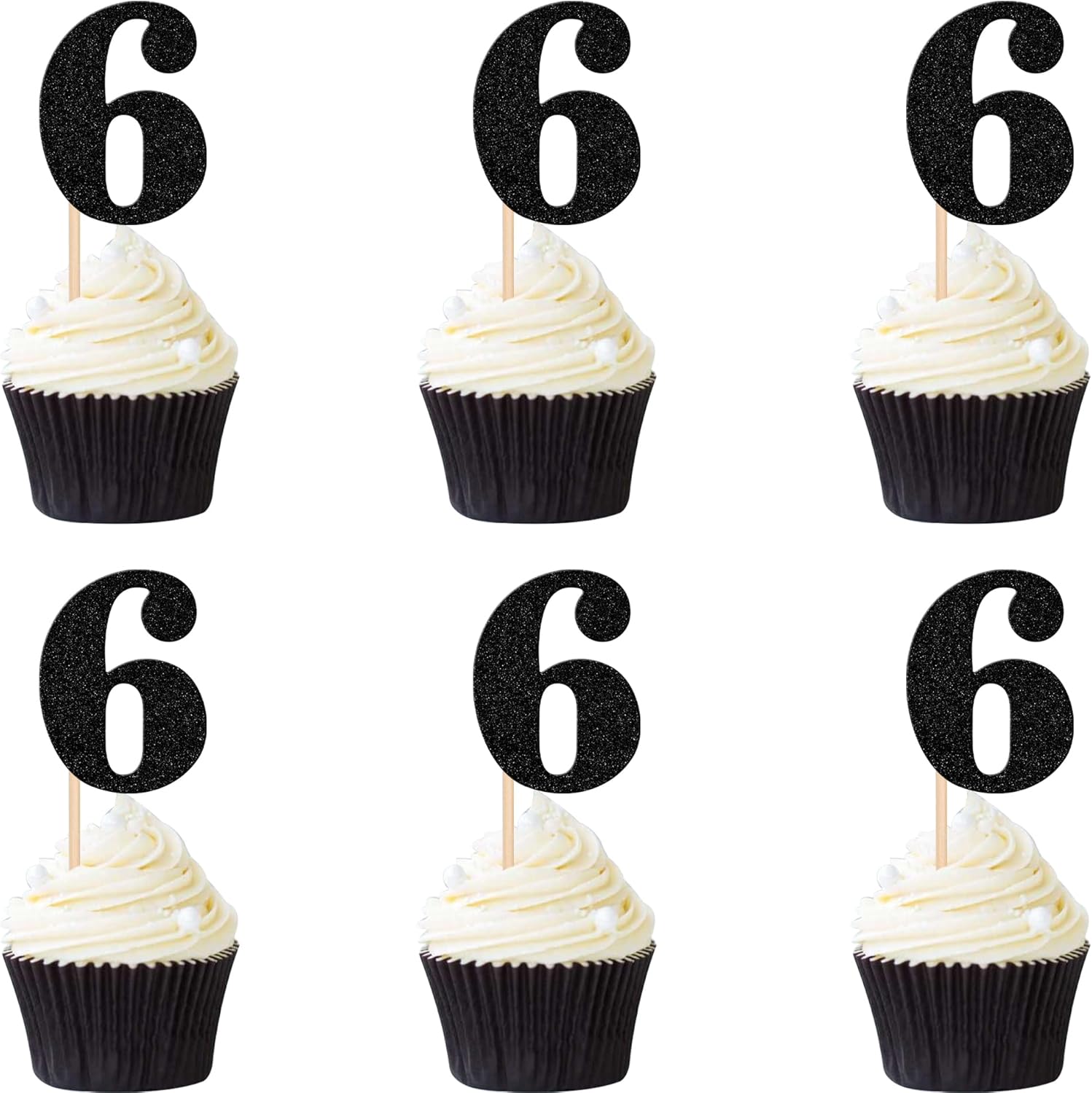 30 PCS 6th Birthday Cupcake Toppers Glitter Number 6 Cupcake Picks Age Six Cheers to 6 Years Old Cake Decorations for Baby Shower Kids Happy 6th Birthday Anniversary Party Supplies Black