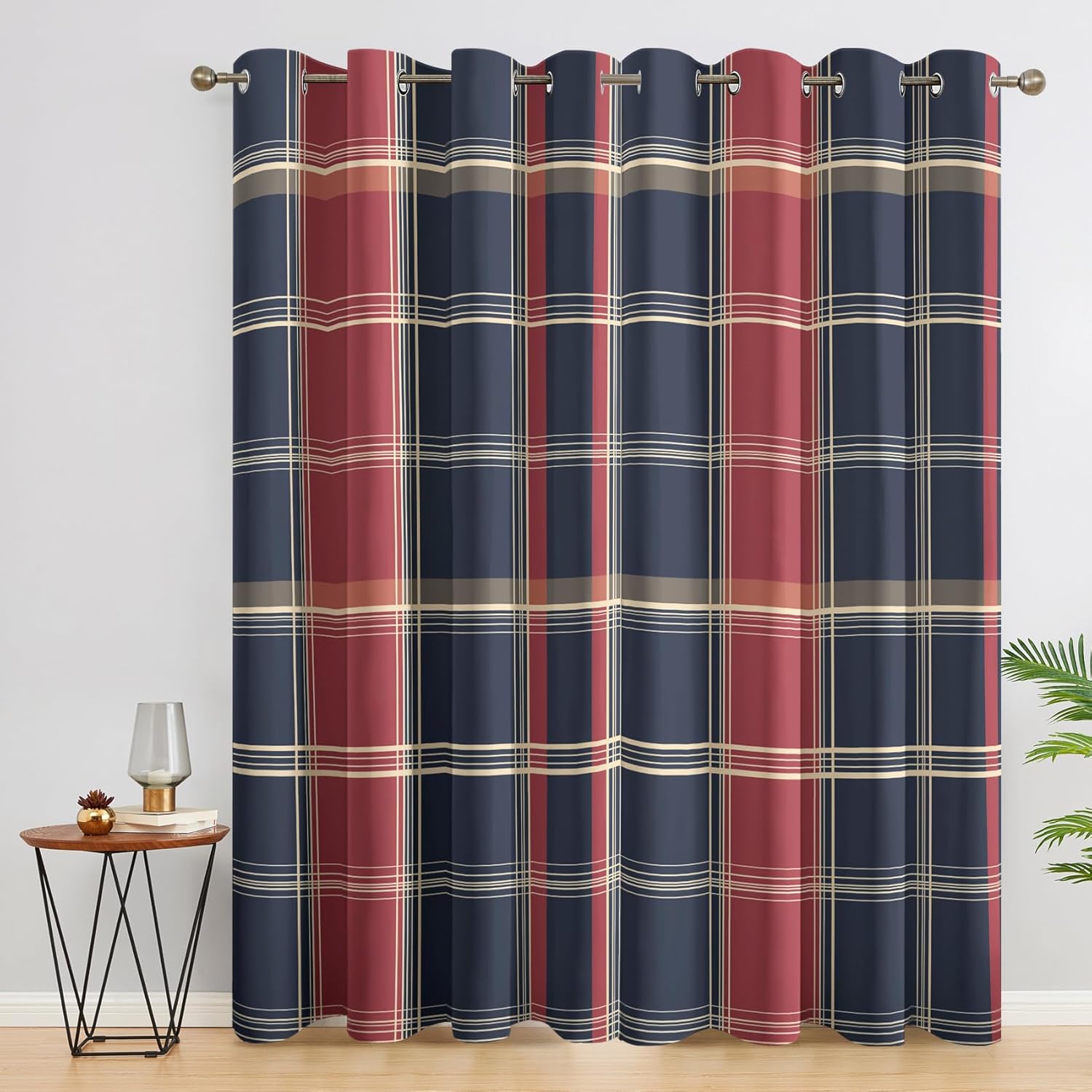 Plaid Tartan Curtains for Bedroom Decor, 96 Inches Long, Red Navy Blue Checkered Scottish Pattern Design Blackout Drapes, Plaid Tartan Curtains for Living Room, 2 Panels Set (E&-1795)