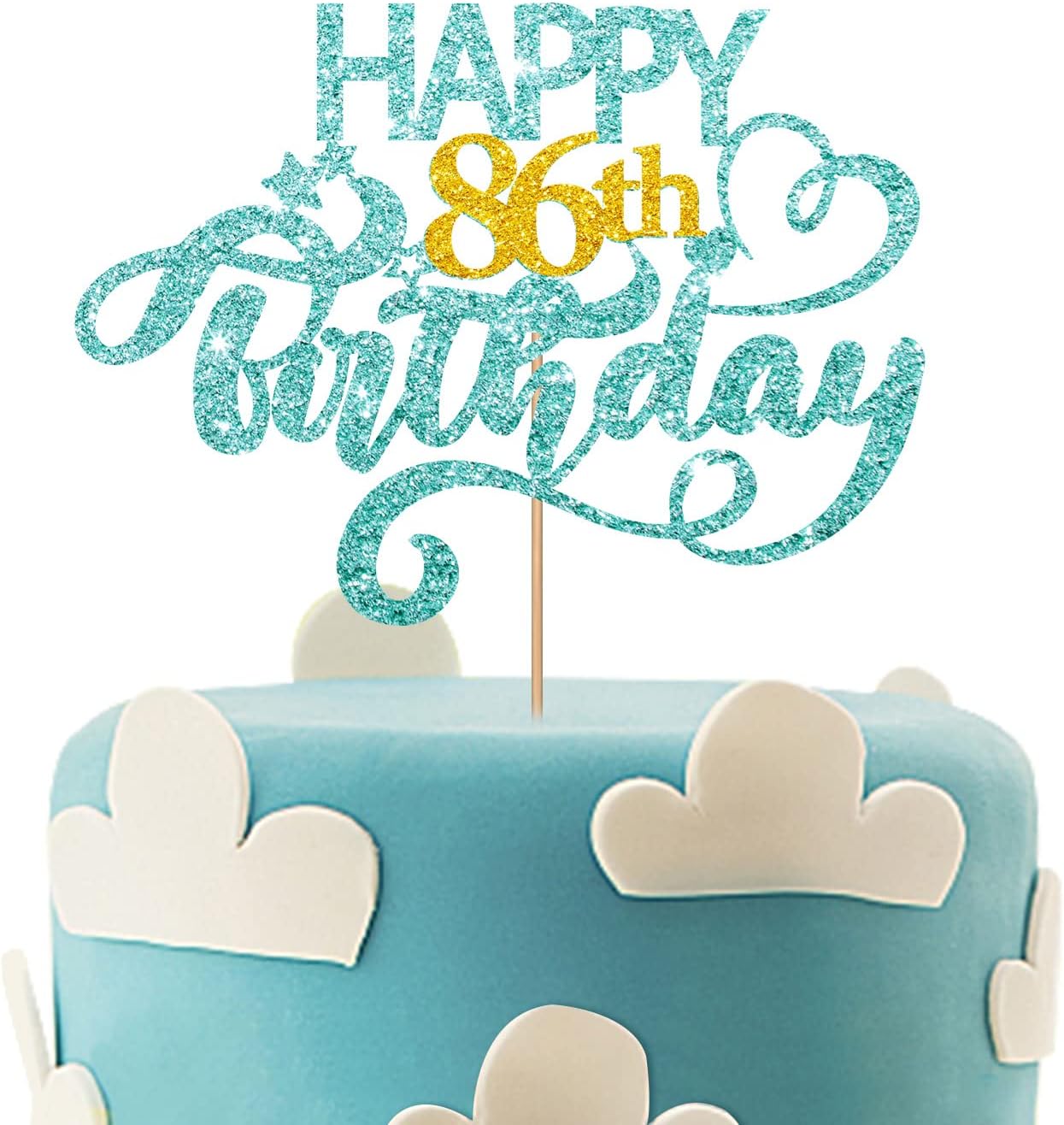 Sky Blue Glitter Happy 86th Birthday Cake Topper, 1 x 6.3" x 3.5" (Blue), Perfect for 86th Birthday Parties