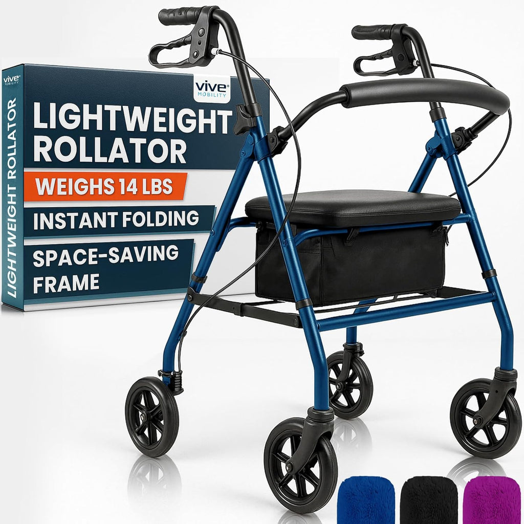 Vive Ultra Lightweight Rollator Walker with Seat - Foldable, Narrow, Rolling Senior Walker for Small Spaces - 4 Wheel Aluminum Adult Easy Drive Aid with Underseat Accessory