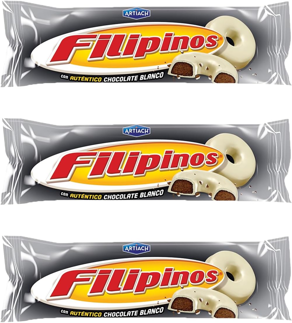 Artiach - Filipinos Cookies - Crunchy Ring-Shaped Biscuits Dipped in Real Chocolate - 128g each - Product of Spain (White Chocolate, Pack of 3)