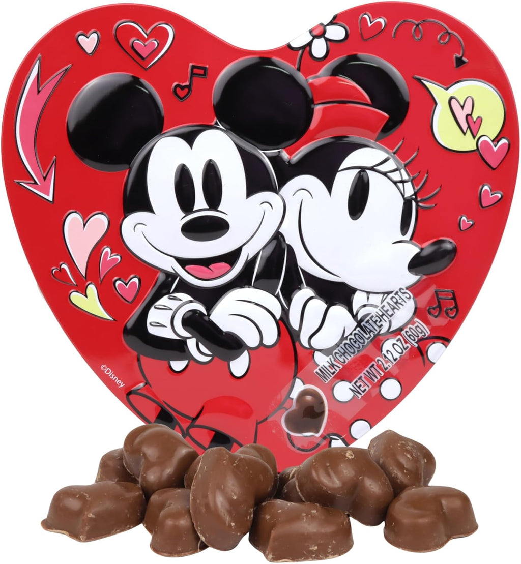 Mickey and Minnie Valentine’s Candy Gift Tin, 10 Individually Wrapped Milk Chocolate Hearts, Reusable Container, 2.12 Ounces