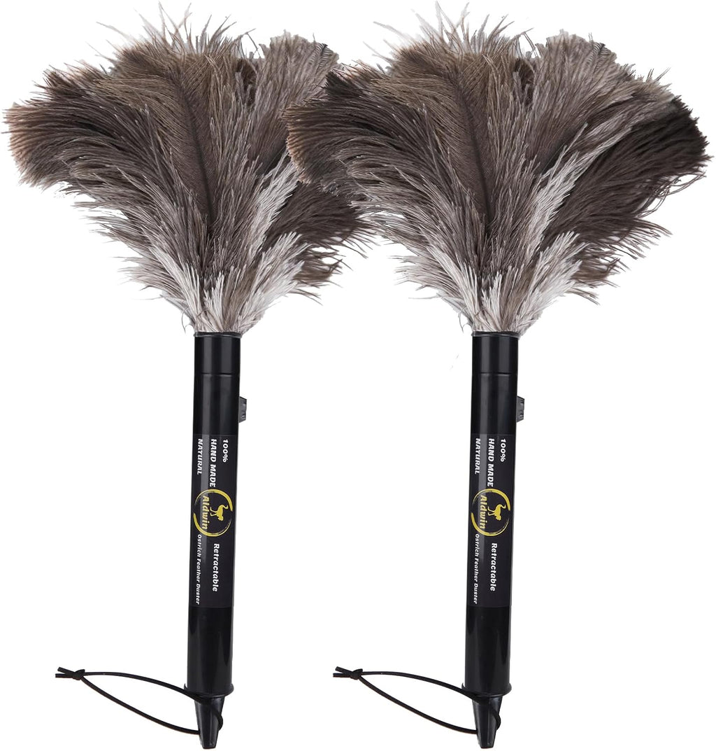 Aldwin Ostrich Feather Duster Retractable 2 Pack,16 inch Genuine Fluffy Natural Handheld Feather Dusters for Cleaning Supplies, Washable,Car, Office, Desk