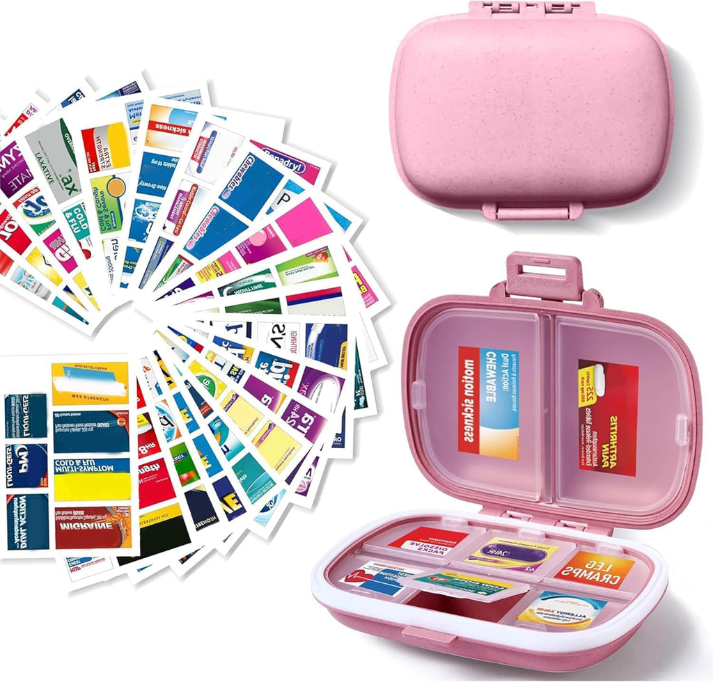 7 Day Pill Container with Medicine Labels - Mini Medication Organizer, Travel Essentials, 161 Labels (Pink)
