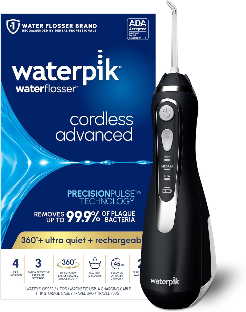 Waterpik Cordless Advanced 2.0 Water Flosser For Teeth, Gums, Braces, Dental Care With Travel Bag and 4 Tips, ADA Accepted, Rechargeable, Portable, and Waterproof, Black WP-582, Packaging May Vary