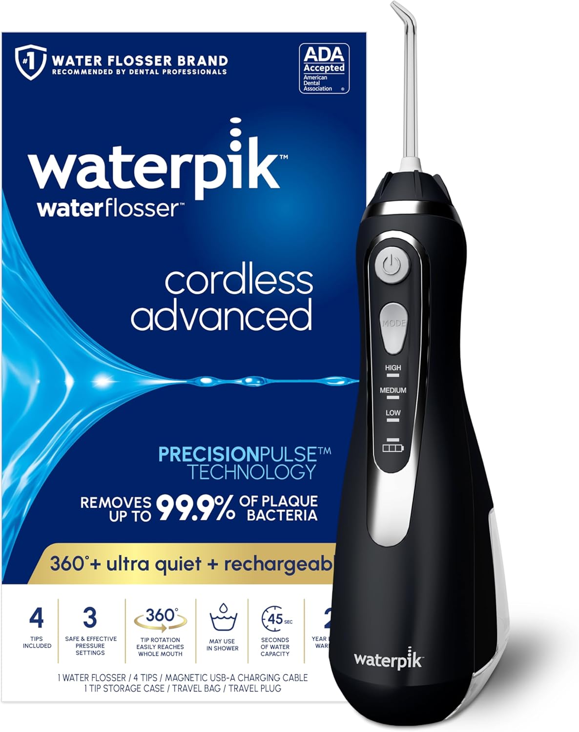 Waterpik Cordless Advanced 2.0 Water Flosser For Teeth, Gums, Braces, Dental Care With Travel Bag and 4 Tips, ADA Accepted, Rechargeable, Portable, and Waterproof, Black WP-582, Packaging May Vary