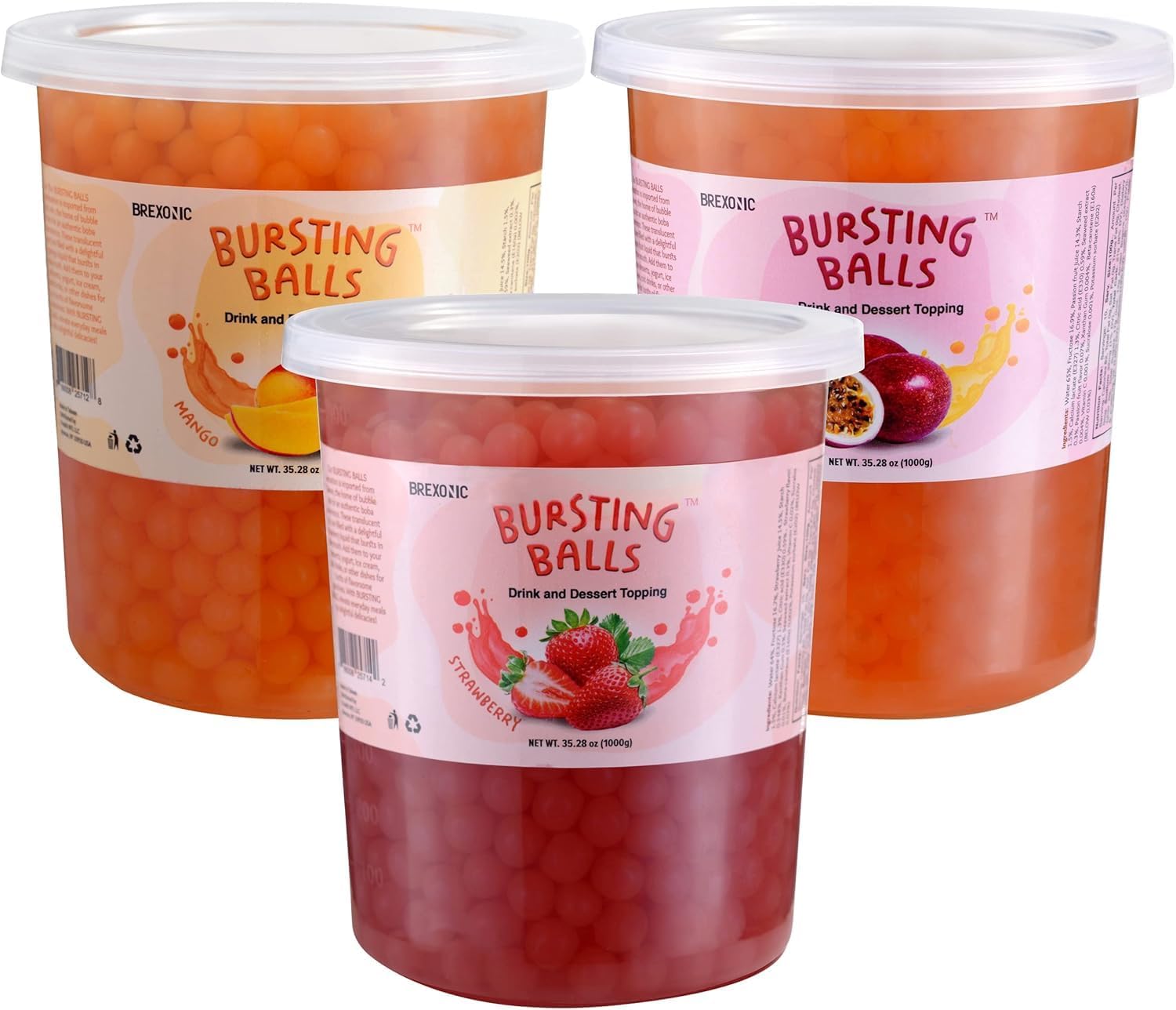 BREXONIC Popping Boba Pearls Bursting Tea Balls Drink & Dessert Topping Strawberry Mango Blueberry Passion Fruit Flavored Bubble Tea Tapioca Pearls (Strawberry, Mango, Passion Fruit, 2 LB 3 Pack)