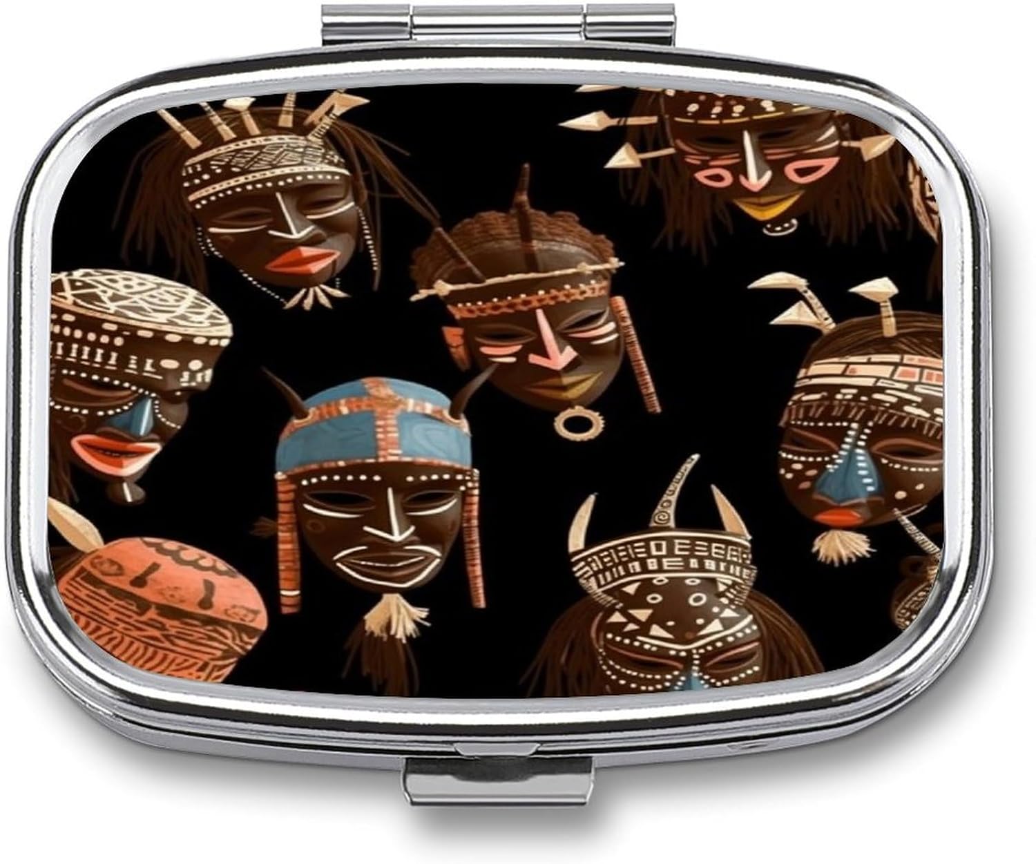 African Ritual Ethnic Tribal Pill Box 2 Compartment Decorative Metal Pill Case for Pocket Or Purse Travel Portable Medicine Box Pill Container Organizer for Vitamins Fish Oils Supplements