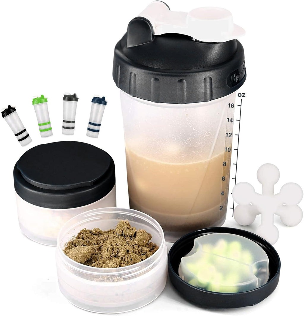 Hydro2Go 16oz Protein Shaker Bottle with Shaker Ball and 2 Storage Jars | BPA-Free Plastic Cup with Clear Measurement Scale | Perfect for Protein Mixes and Pills | Portable Pre-Workout Drink Cup Black