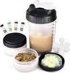Hydro2Go 16oz Protein Shaker Bottle with Shaker Ball and 2 Storage Jars | BPA-Free Plastic Cup with Clear Measurement Scale | Perfect for Protein Mixes and Pills | Portable Pre-Workout Drink Cup Black