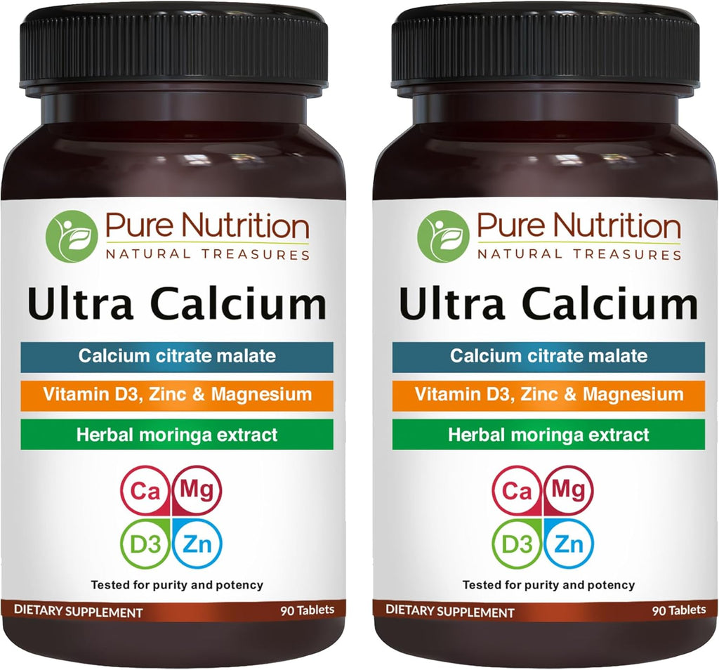 Pure Nutrition Ultra Calcium 1000mg with VIT D3 + K2 | 180 Tabs (90 X Pack of 2) | Calcium Supplement with Calcium Citrate Malate, VIT D3, K2, Moringa Oleifera, Magnesium and Zinc.