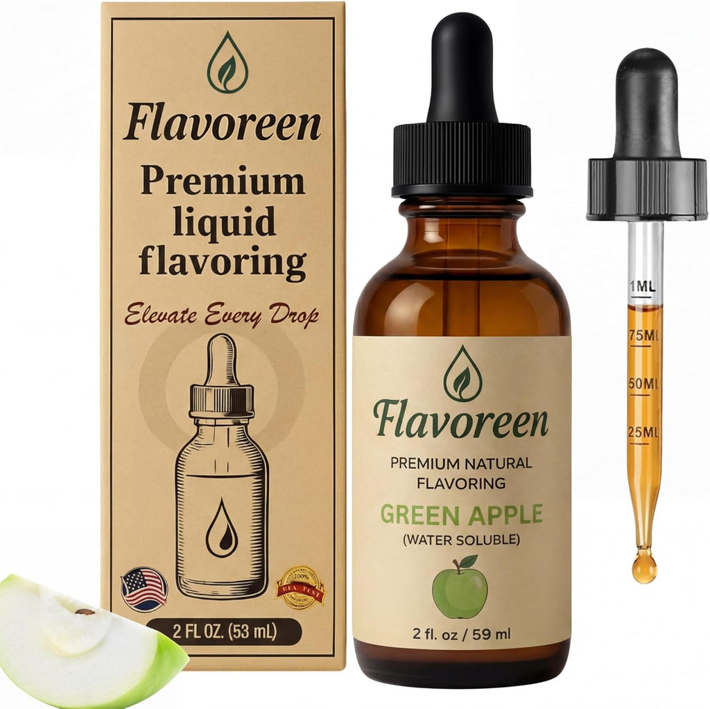 Flavoreen Green Apple Extract – Highly Concentrated Liquid Flavoring - Water Soluble - for Drinks, Candy Making, Baking, Icing & Sodas – Premium Green Apple Fruit Flavor – Made in USA (Amber Glass Dropper Bottle)