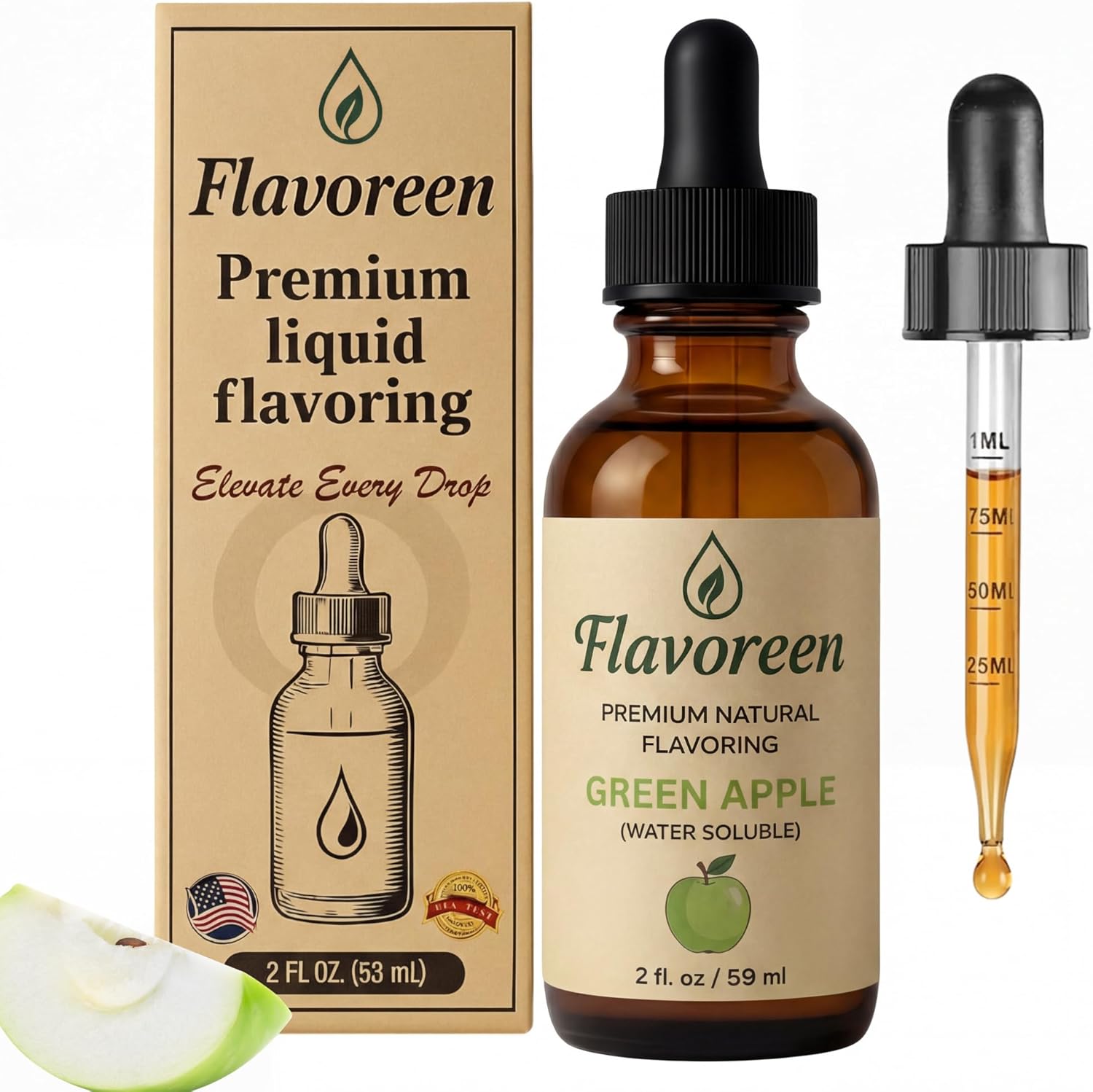 Flavoreen Green Apple Extract – Highly Concentrated Liquid Flavoring - Water Soluble - for Drinks, Candy Making, Baking, Icing & Sodas – Premium Green Apple Fruit Flavor – Made in USA (Amber Glass Dropper Bottle)