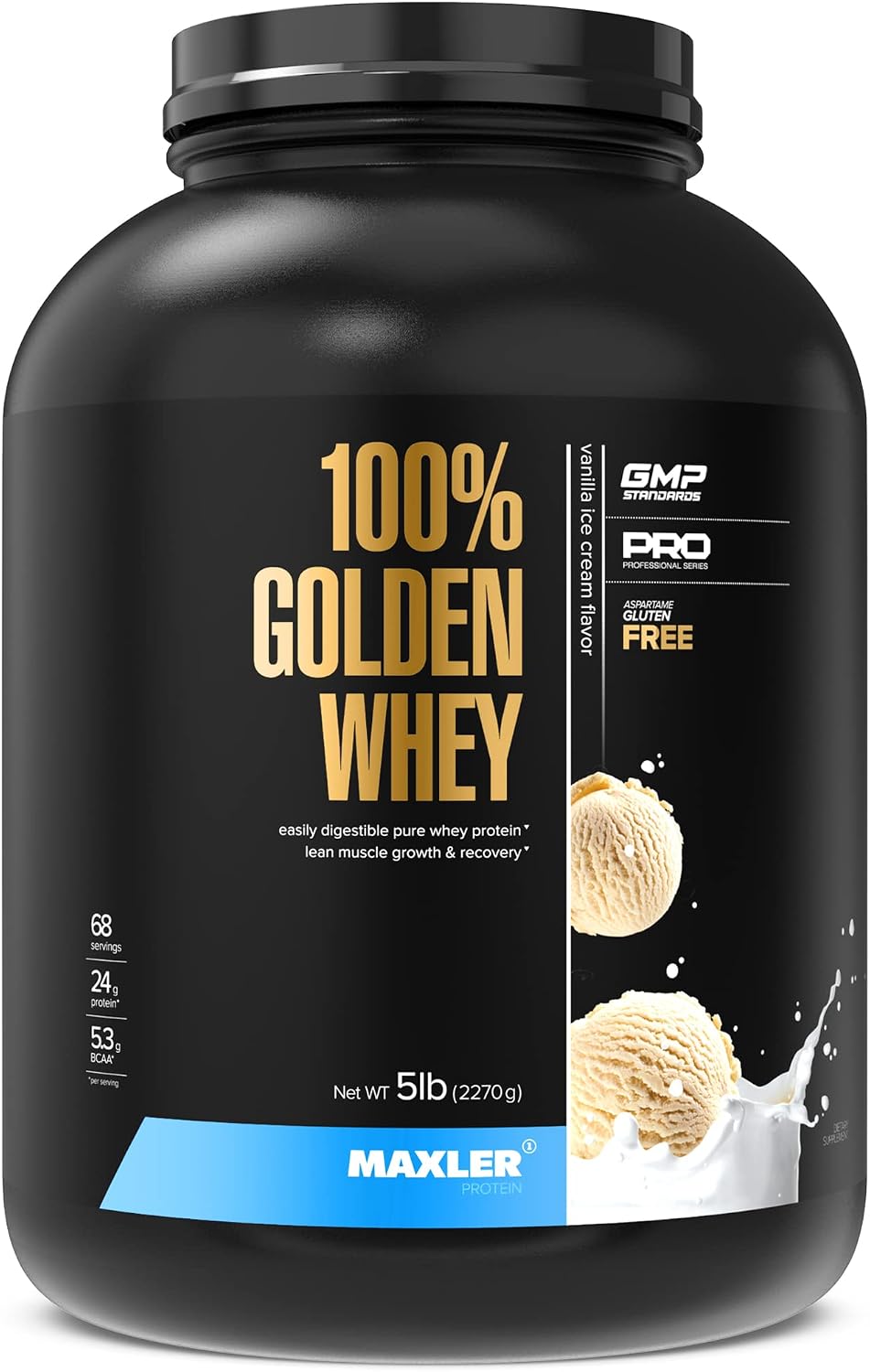 Maxler 100% Golden Whey Protein - 24g of Protein per Serving - Whey Protein Powder for Pre Post Workout - Fast-Absorbing Whey Concentrate, Isolate & Hydrolysate Blend - Vanilla Ice Cream 5 lb