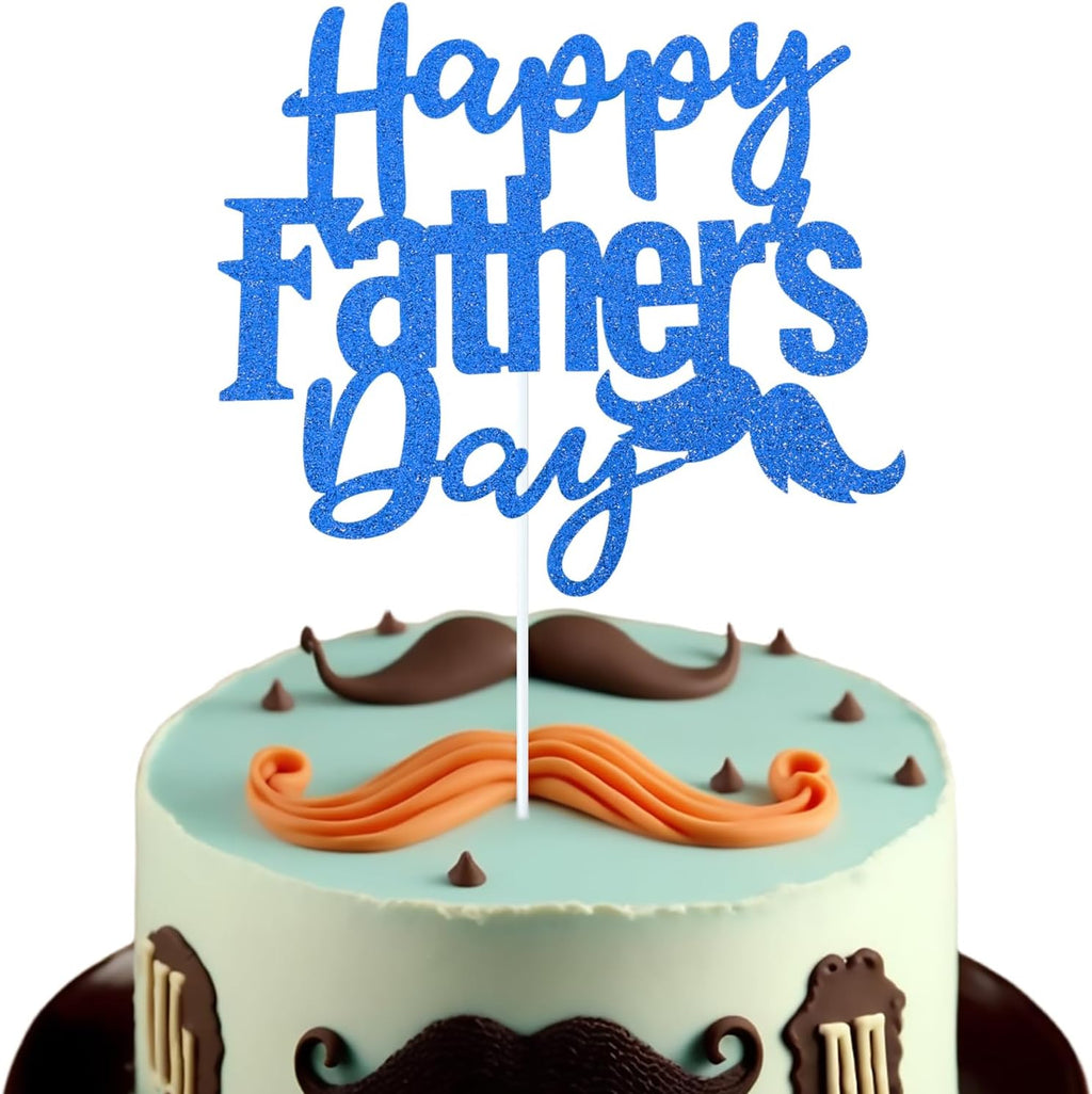 1 Pack Happy Father’s Day Cake Toppers, Glitter Cake Bunting Decor Best Dad Ever Love Father Cake Picks Party Decorations Supplies(Beard, Royal Blue)