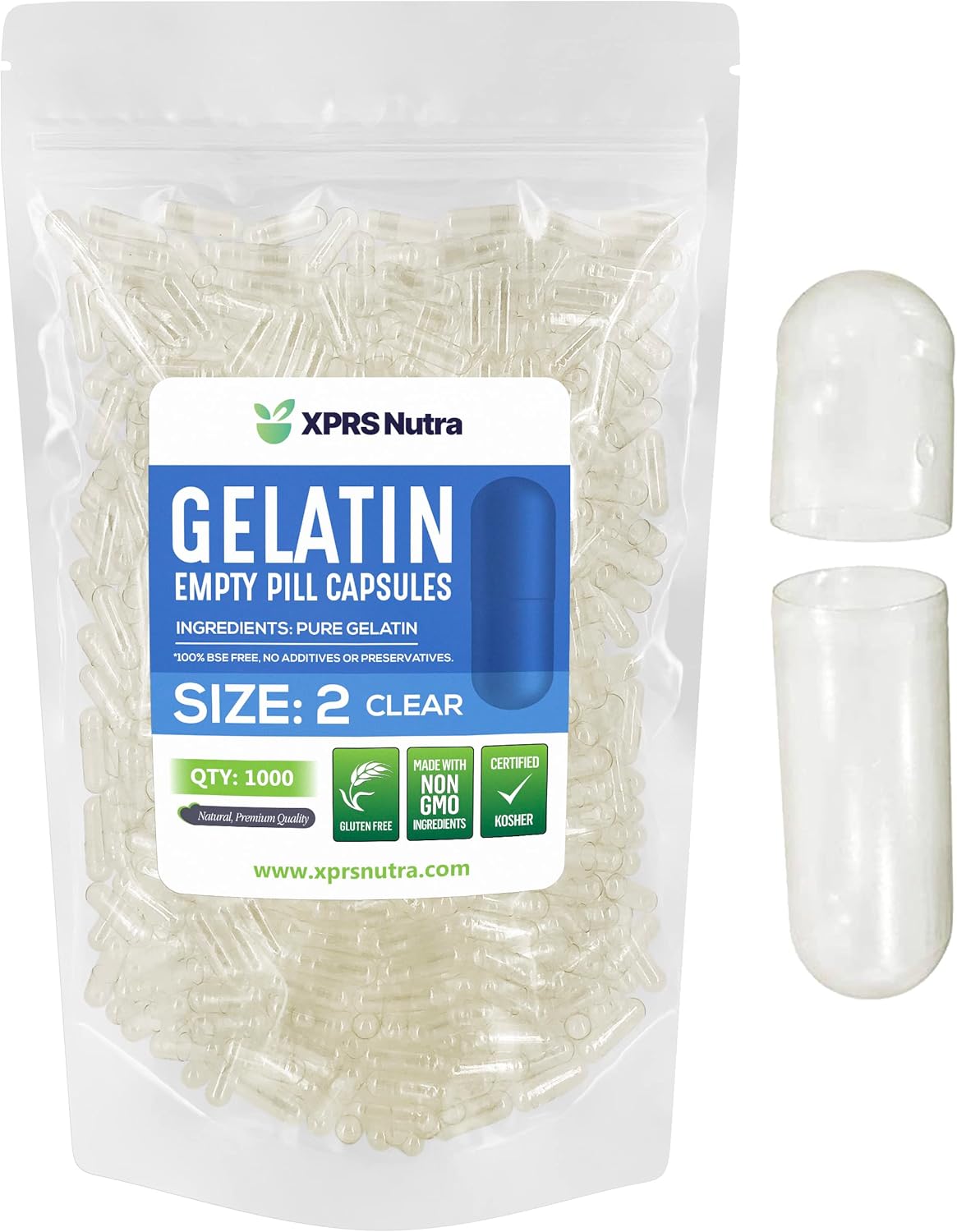 XPRS Nutra Size 2 Empty Capsules - 1000 Count Clear Empty Gelatin Capsules - Pills DIY Capsule Filling - Pure Bovine Pill Gel Caps for Do-It-Yourself Supplements