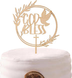 ZZDCMS God Bless Cake Toppers - Baptism & First Communion, Wooden Cake Decorating Supplies, Natural Wood, Brown