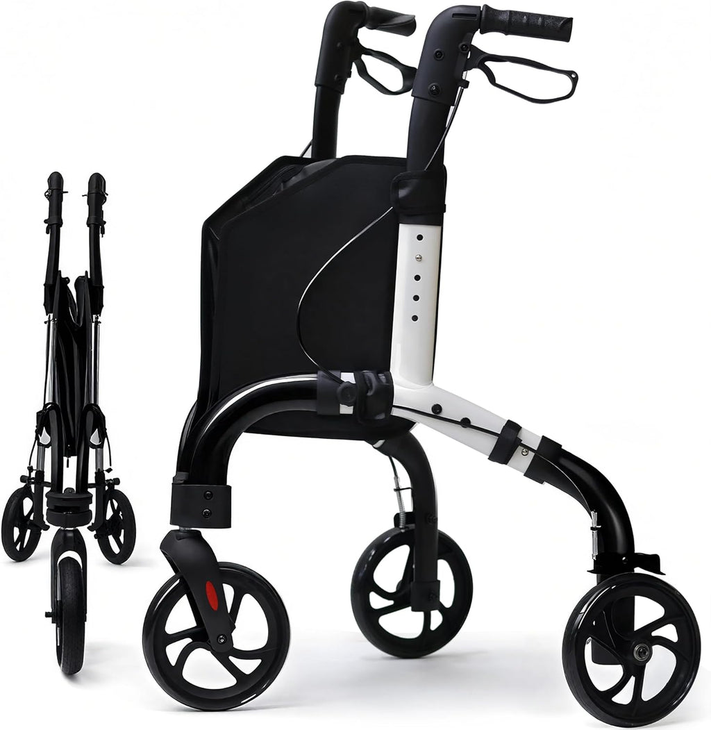 Premium 3 Wheel Rollator Walker for Seniors, Lightweight Foldable Three Wheeled Rolling Walker with Storage Bag, Aluminum Mobility Aid