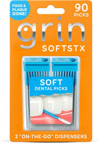 GRIN Softstx, Gentle Dental Picks, 90 Count, Soft Flexible Bristles, Textured Plaque Removing Toothpick, Minty Flavor, for Between Teeth, Refillable Hygienic Case, for Braces, Bridges, and Implants
