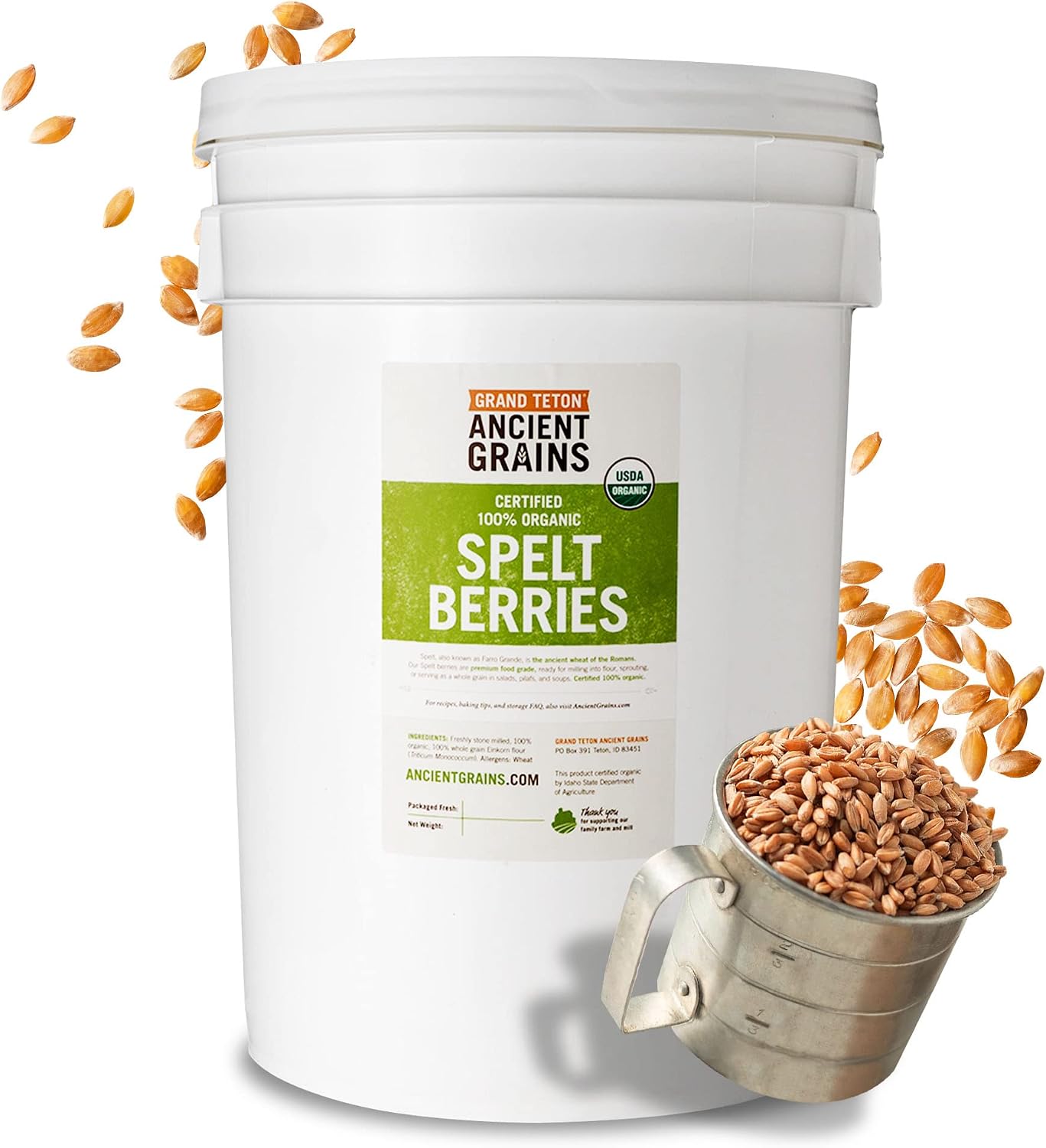 Grand Teton Ancient Grains - 100% Organic Spelt Berries, US-Grown Farro Organic Grain Spelt in 6 Gallon Super Pail for Long-Term Storage, 43 lbs