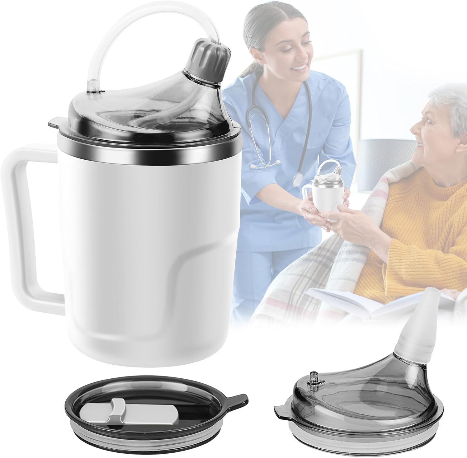 Adult Sippy Cup, 14oz Spill Proof Cup with Straw for Elderly, 3 in 1 Stainless Steel Sippy Cup with 2 Lids, No Spill Feeding Cups for Patient Disabled Maternity Drink Water Milk Soup - White