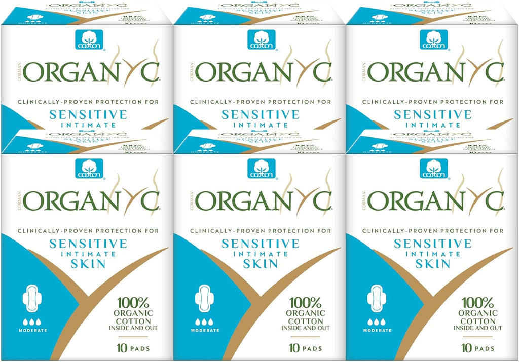 Organyc - 100% Certified Organic Cotton Feminine Pads - Sanitary Napkin with Wings for Women, Moderate Flow, Regular Absorbency, 60 Count (6 Pack of 10 Count)