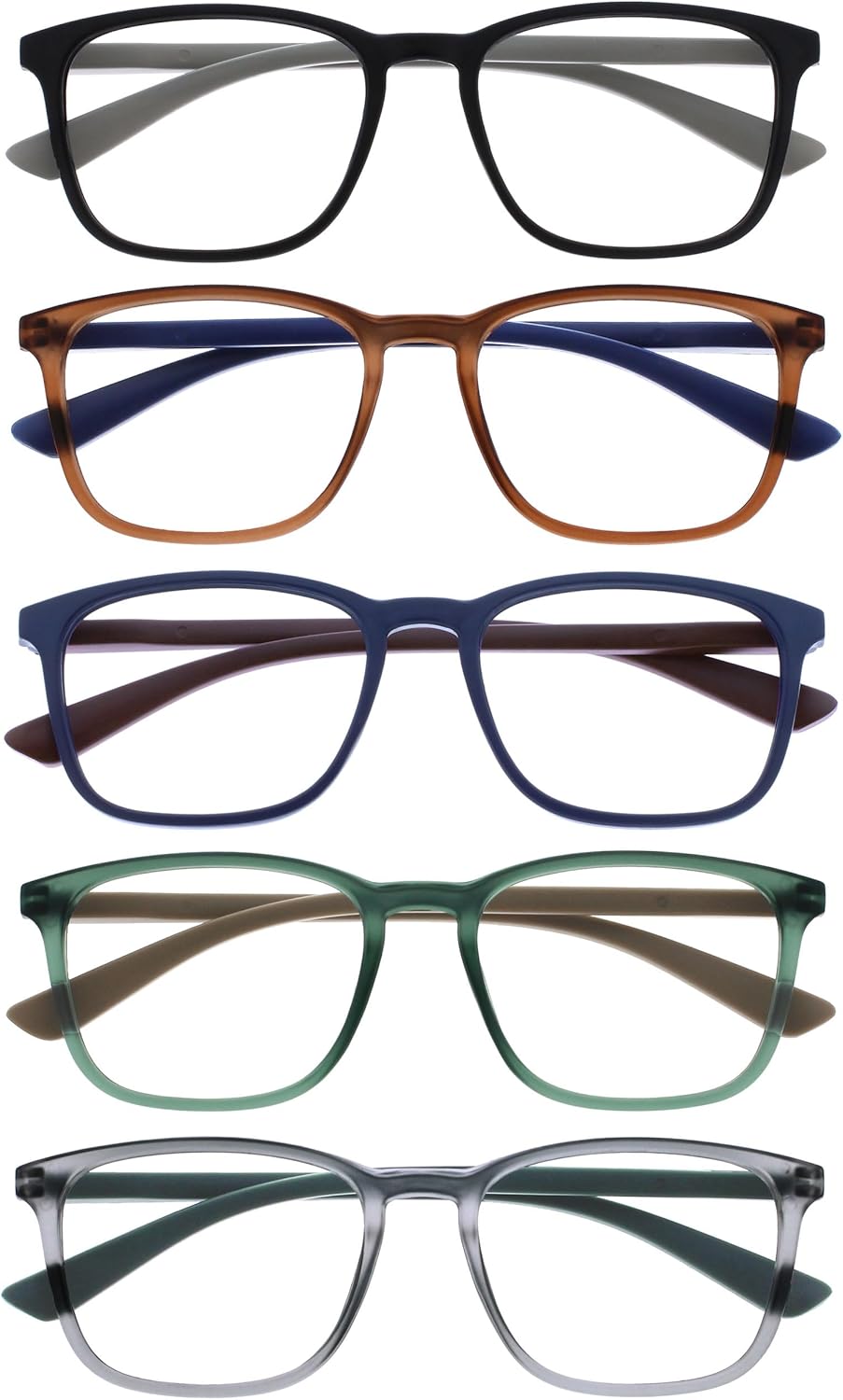 OPULIZE Max Classic Reading glasses for Women Men,Scratch Resistant Large Rectangular frame with Spring Hinges, Black,Brown,Blue,Green,Grey +2.5 (Pack of 5)