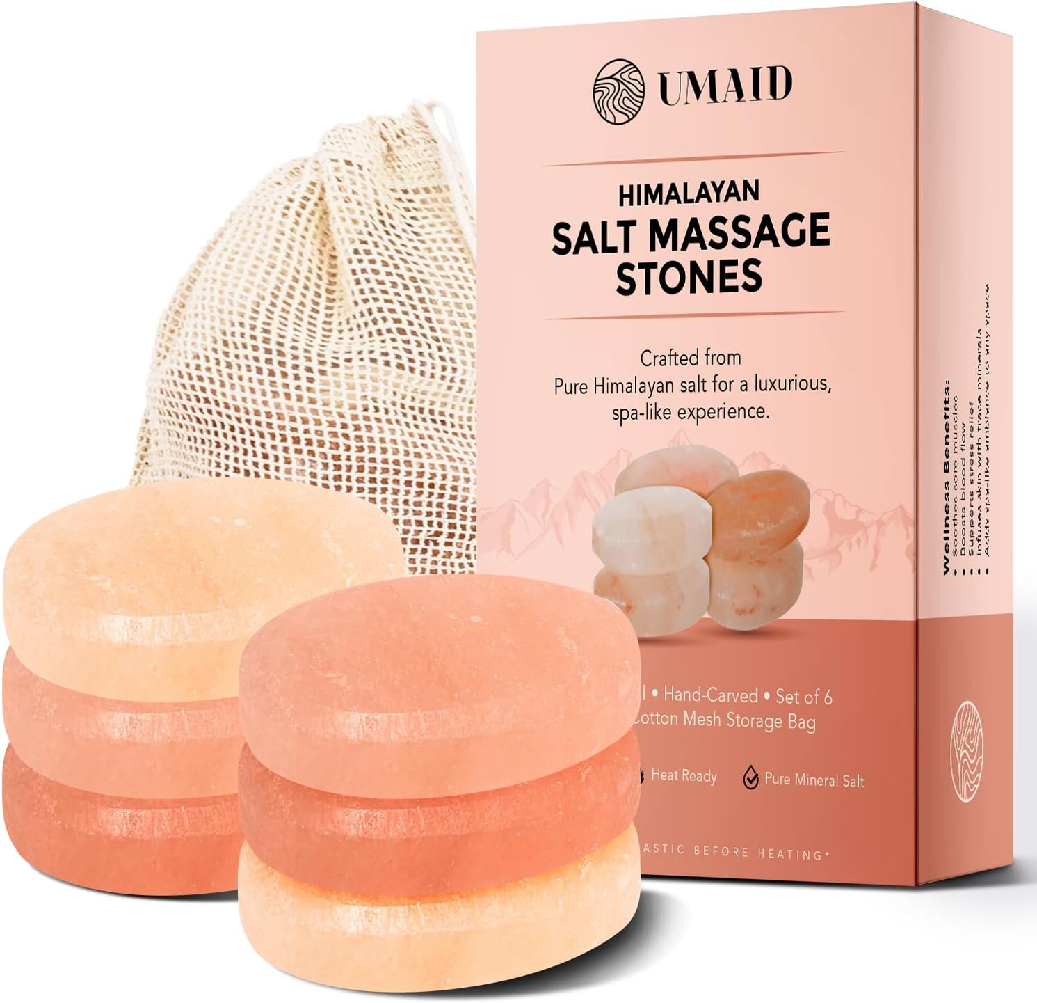 UMAID Himalayan Salt Massage Stones 6-Pack with Cotton Mesh Bag Hand-Carved Pink Crystal Spa Stones for Relaxation, Self-Care & Holiday Gifting