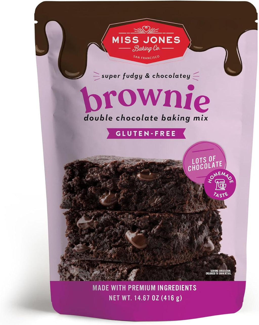 Miss Jones Gluten-Free Baking Brownie Mix - More Chocolate Chips, Guilt Free Brownie Mix, Naturally Sweetened Desserts & Treats, 14.67 Ounce (Pack of 1)