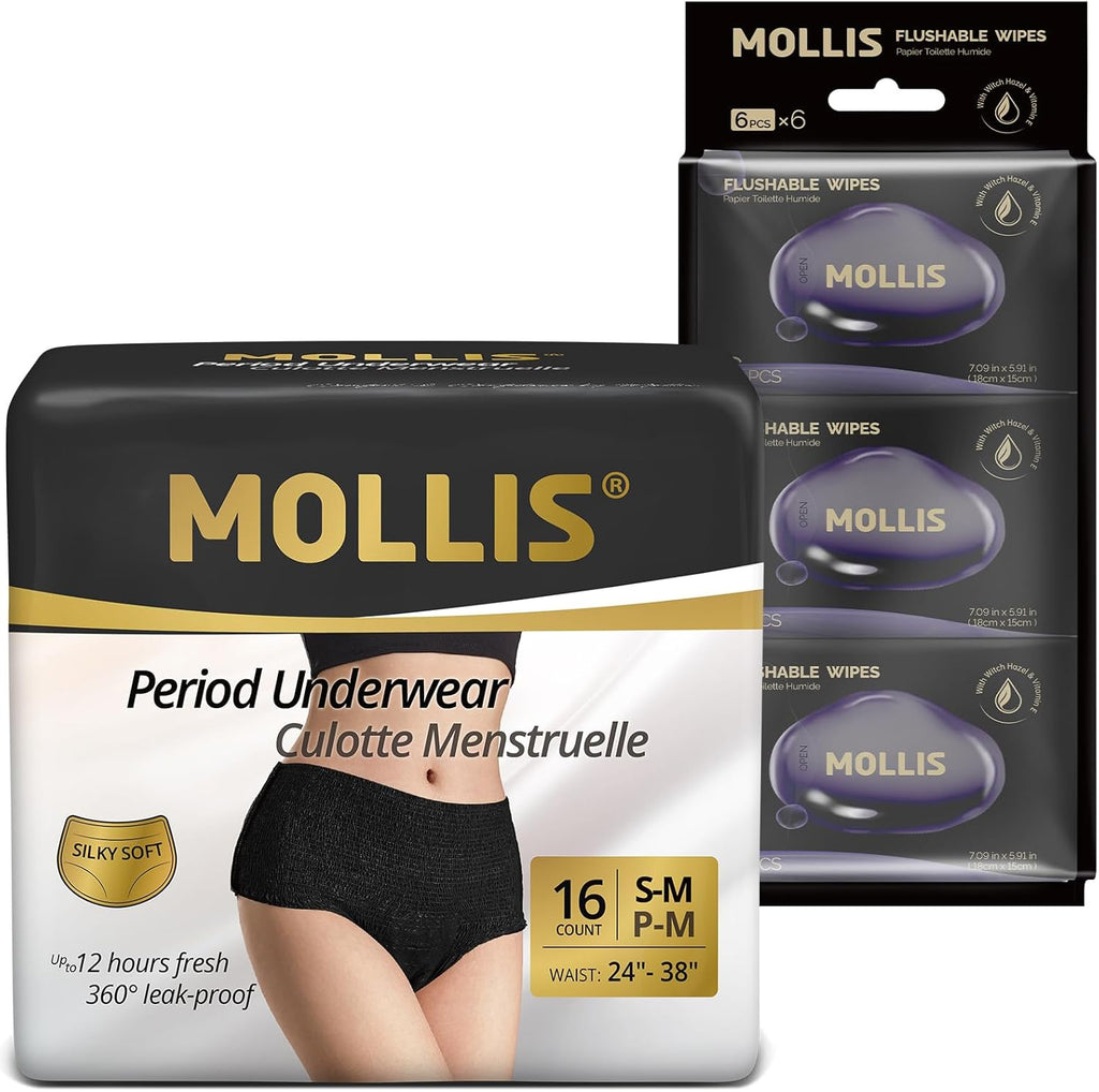 MOLLIS Disposable Period Underwear for Women, Small/Medium, Count, 16 & MOLLIS Flushable Feminine Wipes with Witch Hazel & Vitamin E