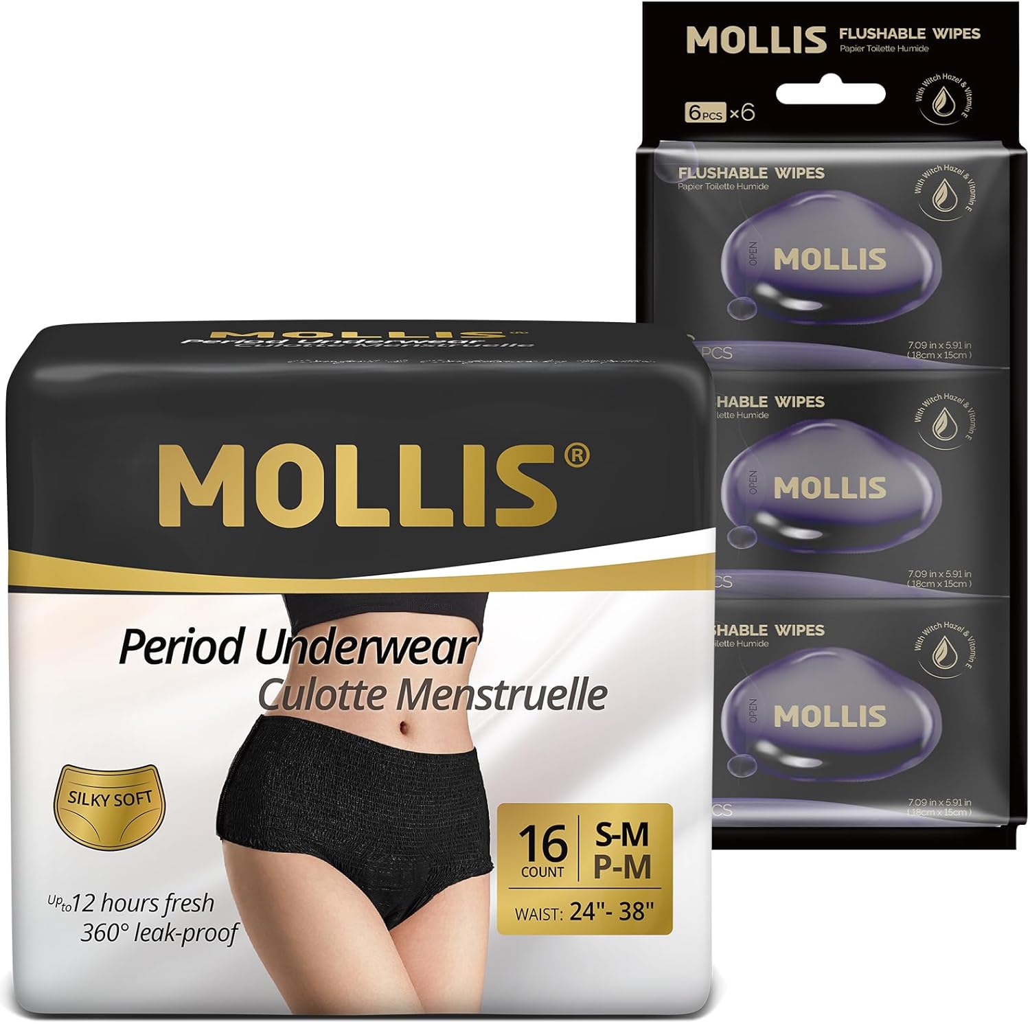 MOLLIS Disposable Period Underwear for Women, Small/Medium, Count, 16 & MOLLIS Flushable Feminine Wipes with Witch Hazel & Vitamin E