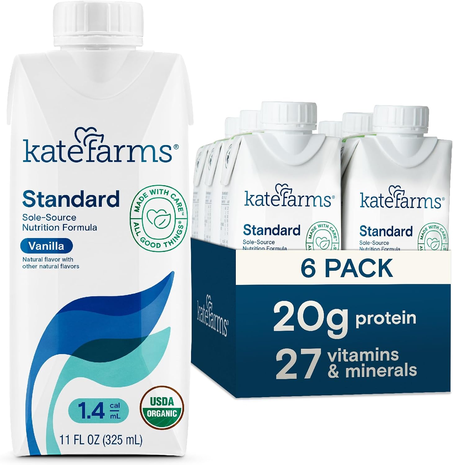 KATE FARMS Organic 1.4 High Calorie Nutrition Shake, Vanilla, 20g Protein, 27 Vitamins and Minerals, Meal Replacement, 11 oz (6 Pack)