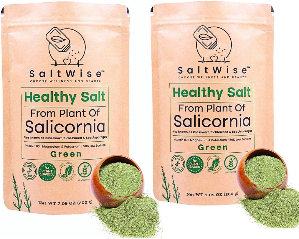SaltWise Green Salt – 50% Less Sodium, Plant-Based Salt Substitute, 100% Dehydrated Salicornia, Natural Umami, No additives (Pack of 2)