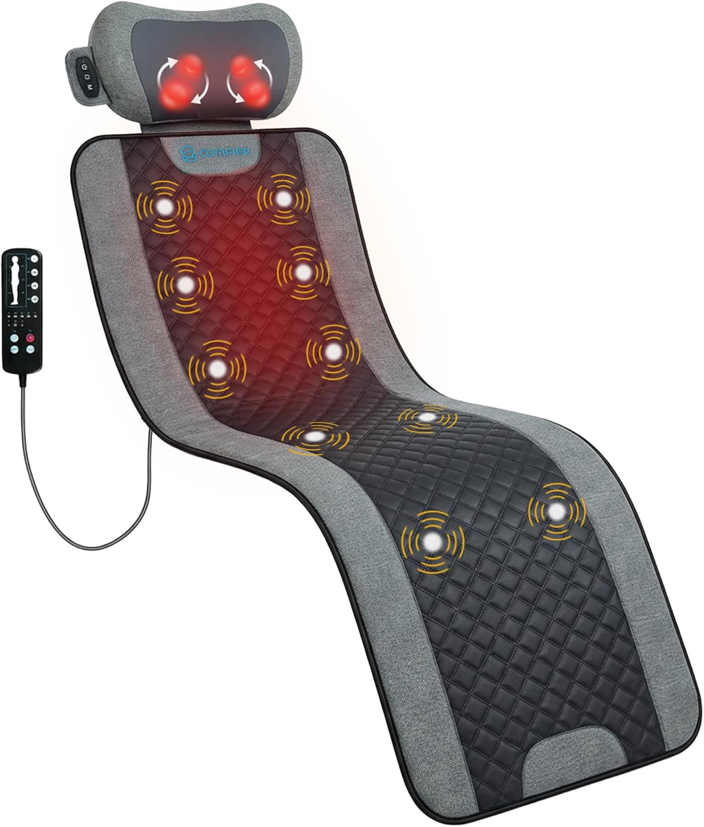 COMFIER 10-Motor Vibration Massage Mat with Detachable Shiatsu Neck Pillow - Full Body Heating Massage Pad, 5 Modes & 3 Intensities, Auto Shut-Off, Home Relaxation