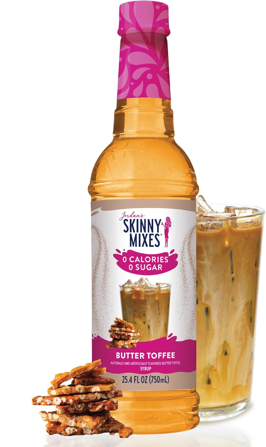 Jordan's Skinny Mixes Sugar Free Coffee Syrup, Butter Toffee Coffee Flavoring Syrup, Zero Calorie Drink Mix, Lattes, Baking, Protein Shake or Cocktail, Dairy & Gluten Free, Kosher, 25.4 Fl Oz