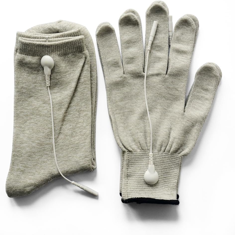 Pair of Conductive Fiber Electrode Gloves With Conductive Massage Socks With Adapter Electrode Lead Wires for TENS/EMS Machine
