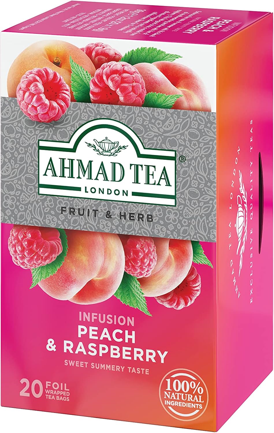 Ahmad Tea Infusions, Peach and Raspberry Teabags, 20 ct (Pack of 6) - Decaffeinated & Sugar-Free