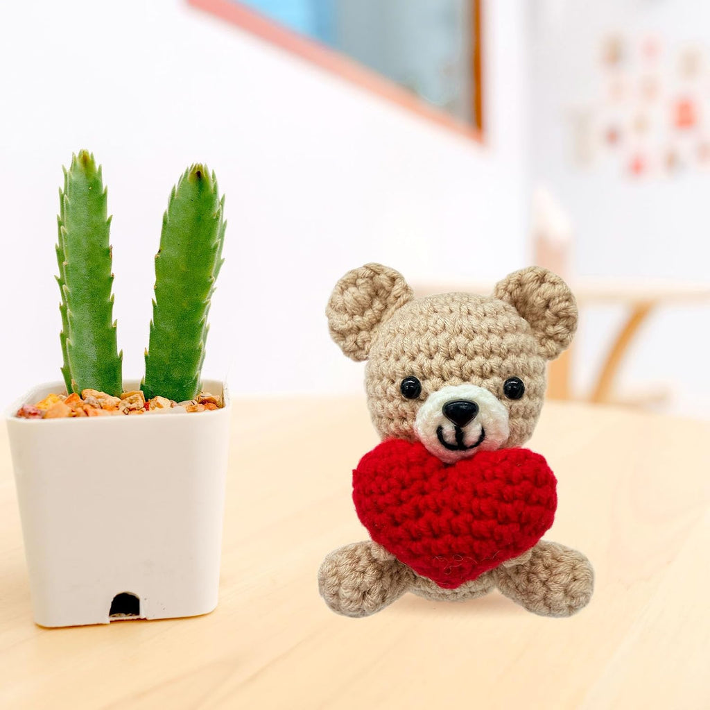 Mini Crochet Bear with Heart,Emotional Support Decor & Handmade Gift of Encouragement for Valentine's Day,Birthdays,Women,Men & Loved Ones