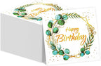 100 Pcs Gold Happy Birthday Eucalyptus Paper Napkins, 6.5 x 6.5 Inches Disposable Hand Towels for Bathroom, Green Eucalyptus Leaf Decorative Disposable Paper Napkins for Baby Shower Birthday Party