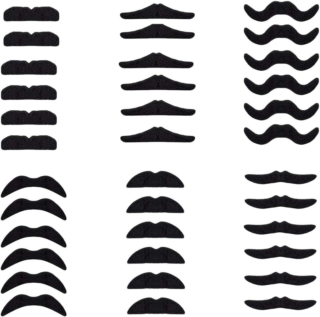 36 Pieces Fake Mustaches Beard, Self Adhesive Costume Accessories Novelty Mustache Fiesta Party Supplies for Masquerade Party (Black)