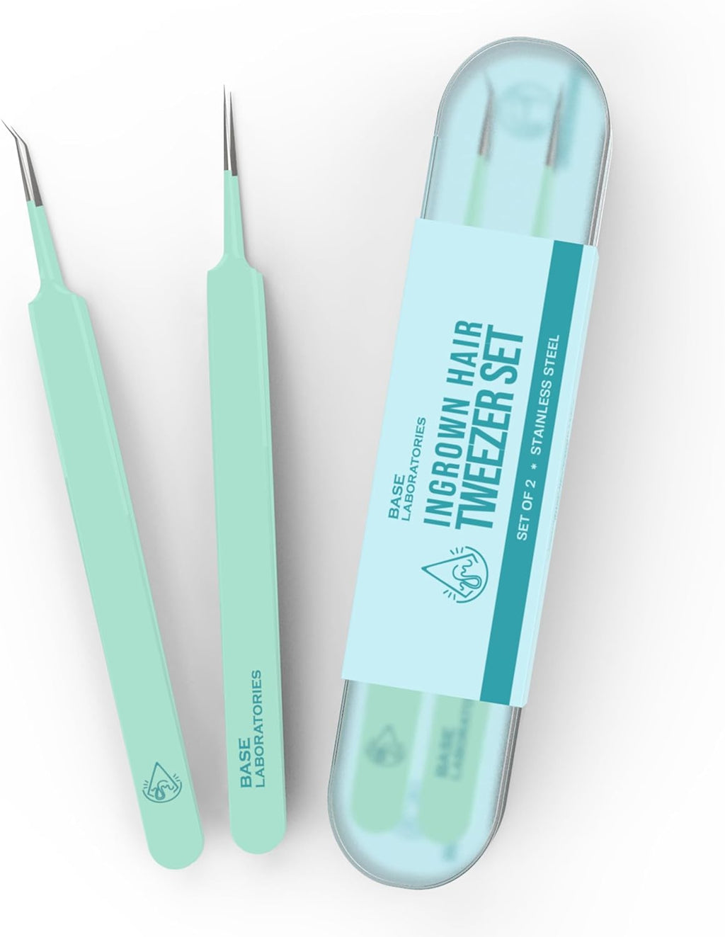 Base Labs Ingrown Hair Tweezers Set – 2 Pack Precision Tweezers for Ingrown Hair Removal, Curved & Pointed Tip Stainless Steel Tweezers with Protective Case for Razor Bumps, Splinters & Facial Hair