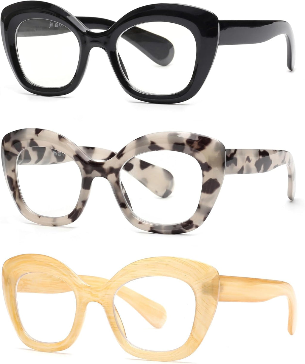 JM 3 Pack Oversized Cat Eye Reading Glasses for Women Funky Blue Light Flexible Cateye Readers