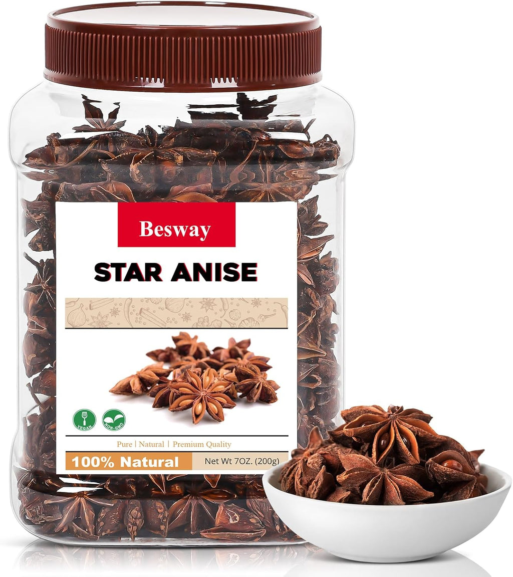 Besway Chinese Star Anise 7 oz, Whole Star Anise, Fresh, Pure and Dried Anise Pods, Great for Cooking, Baking and Tea (200g)
