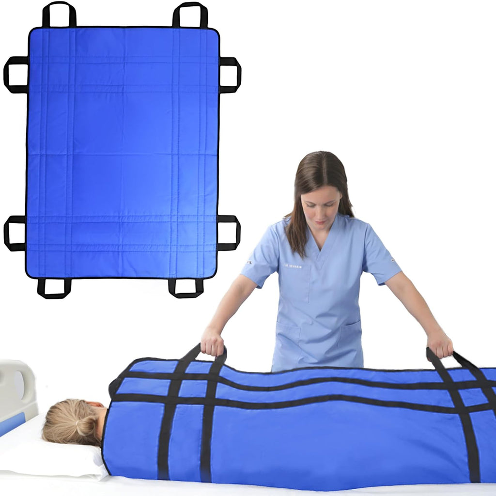 Positioning Bed Pad with Handles 48" x 40" Washable Transfer & Slide Sheet for Moving Patients, Turning & Lifting, Draw Sheet for Hospital Bed, Blue