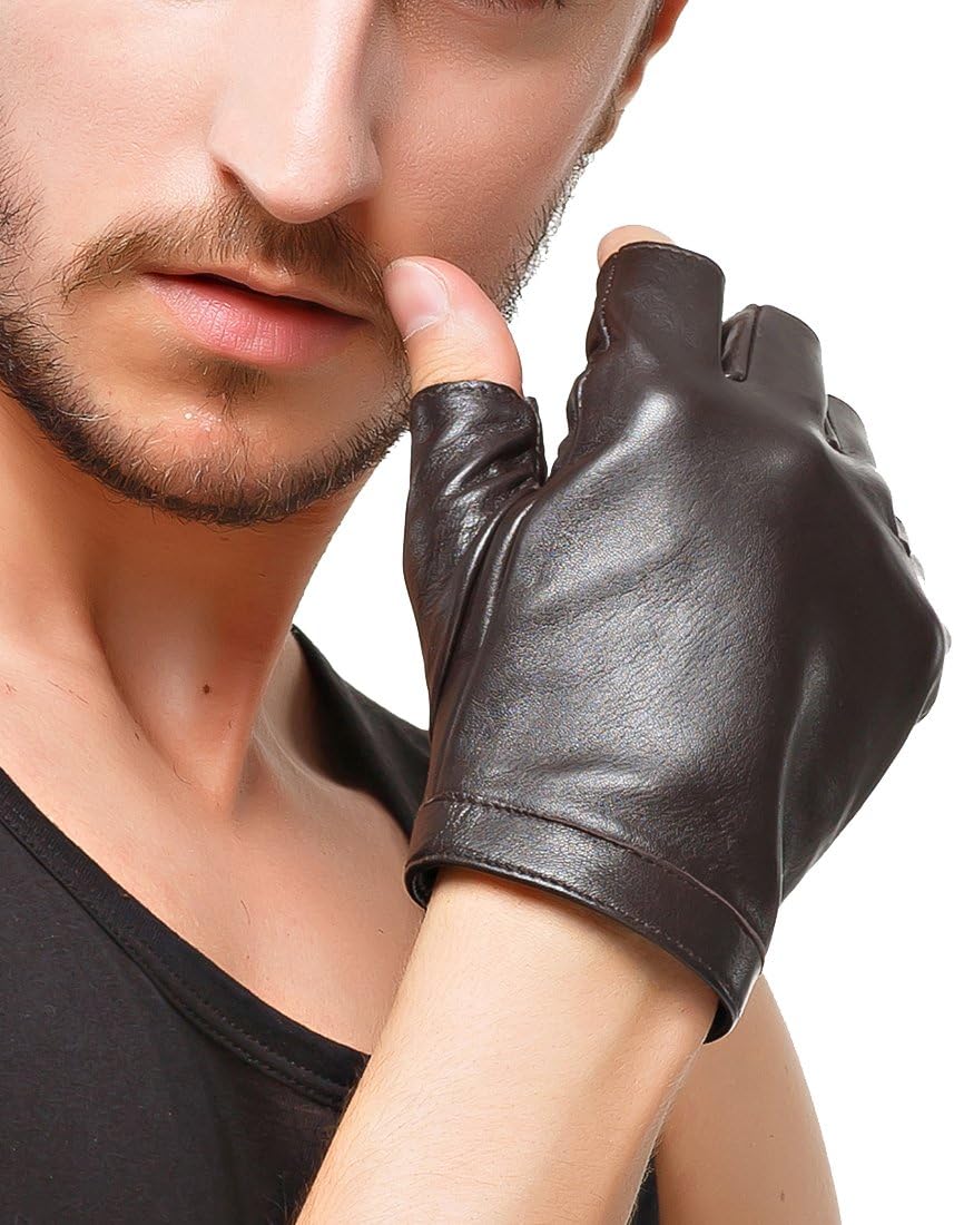 Nappaglo Men's Classic Fingerless Gloves Imported Lambskin Leather Silk Lining Half Finger Driving Cycling Outdoor Gloves