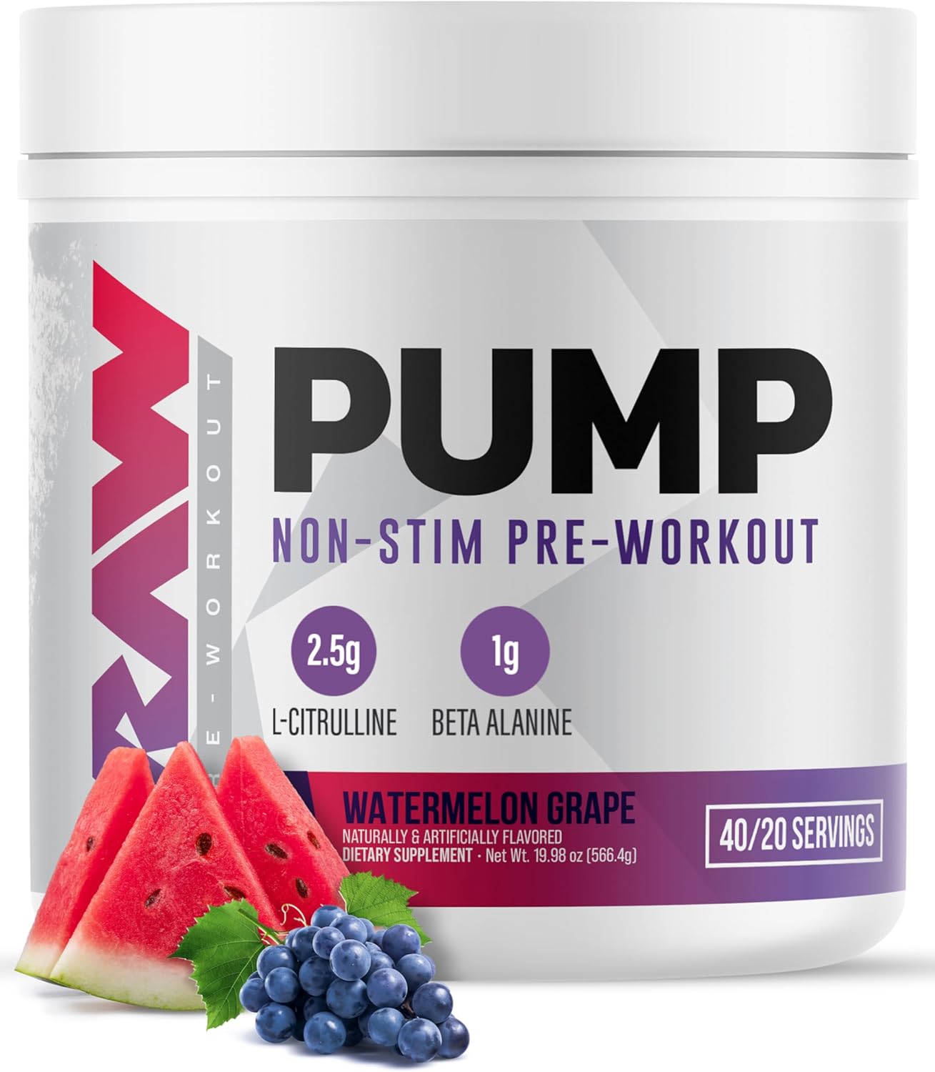 RAW Pump Stim Free Pre Workout (Watermelon Grape) - Non-Stimulant Pre Workout Supplement Powder Nitric Oxide Booster - Pre Workout Supplements Drink for During Workout - 40 Servings