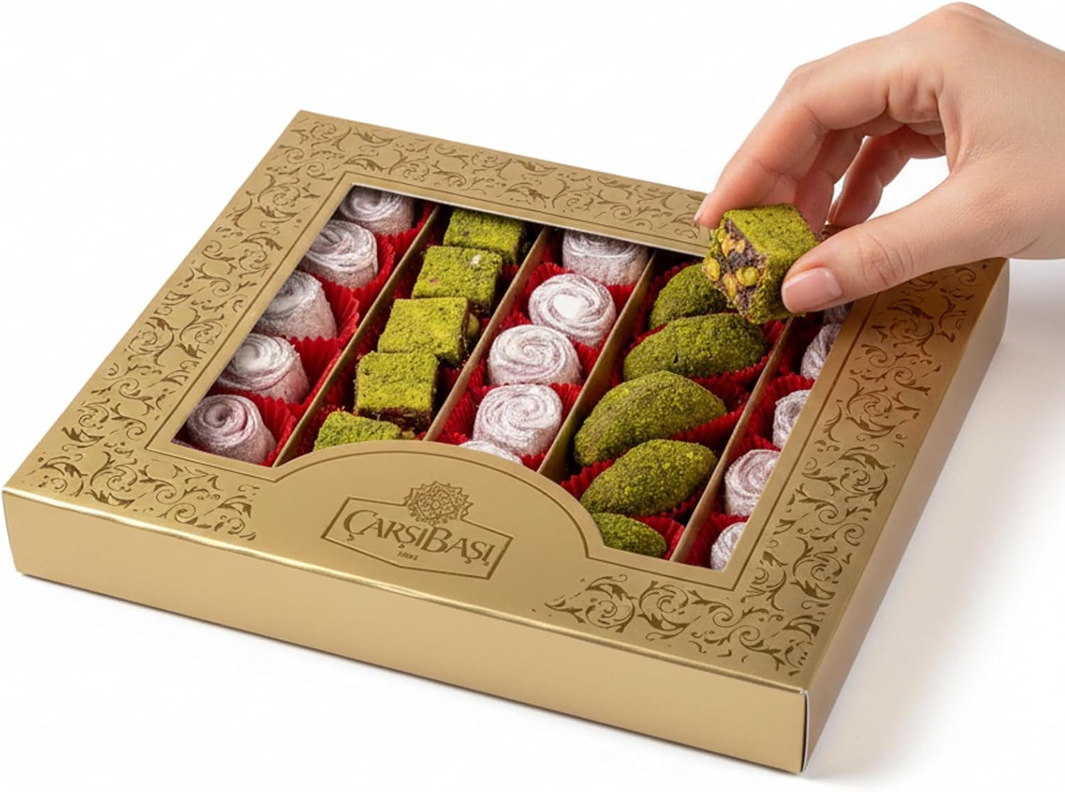 Çarşıbaşı Handmade Turkish Delight Gift Box – Rose, Pistachio & Chocolate Lokum, 1.32 lb (600g), Premium Gourmet Turkish Candy